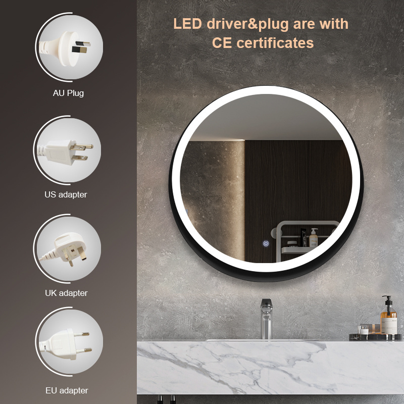 Custom Switch Round Framed Touch Sensor Iron Anti Fog Smart Defogger With Light Led Mirror Bathroom