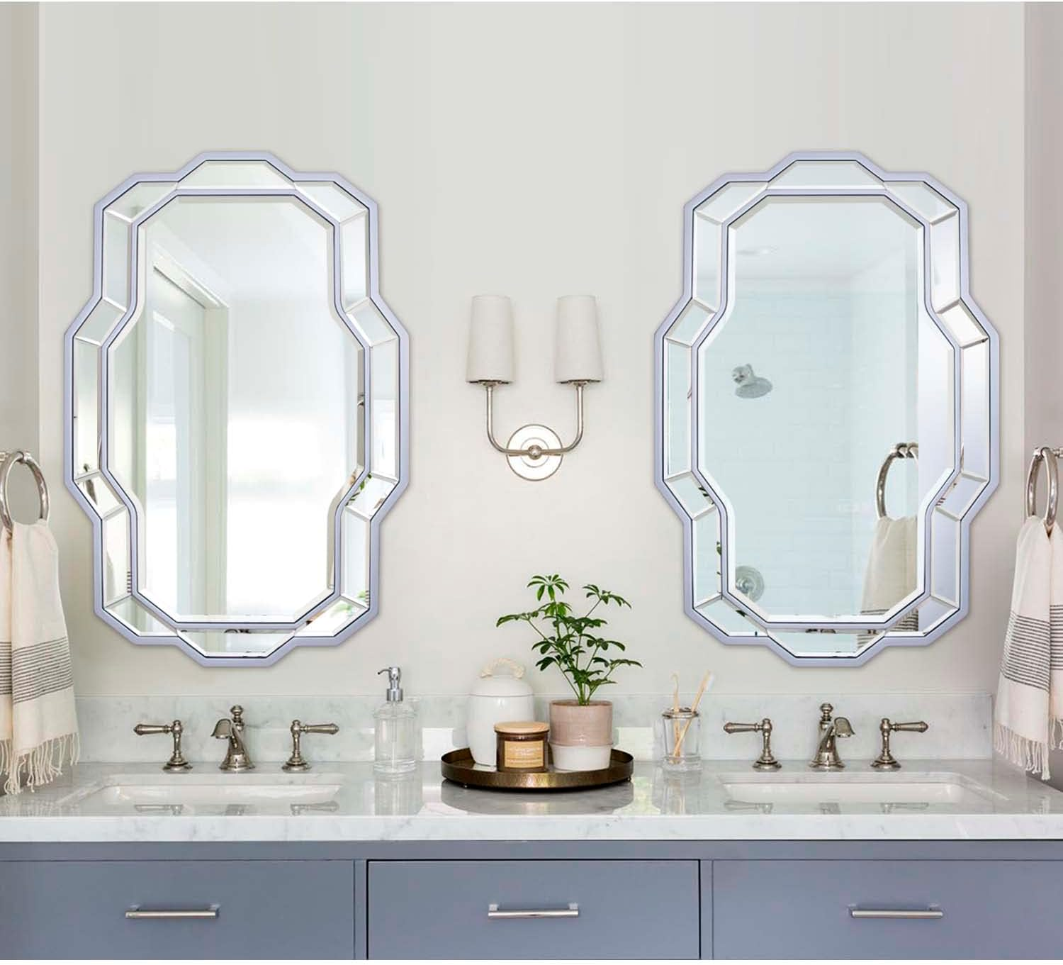 Silver Wall Mirrors Decor, Large Living Room Mirror with Beveled Frame, Irregular Decorative Mirror for Entryway, Bathroom