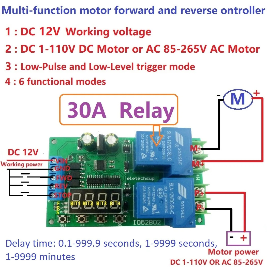 12V 30A Multifunction DC/AC Motor Controller Relay Board Forward Reverse Control Automatic Delay Cycle Start Stop Switch