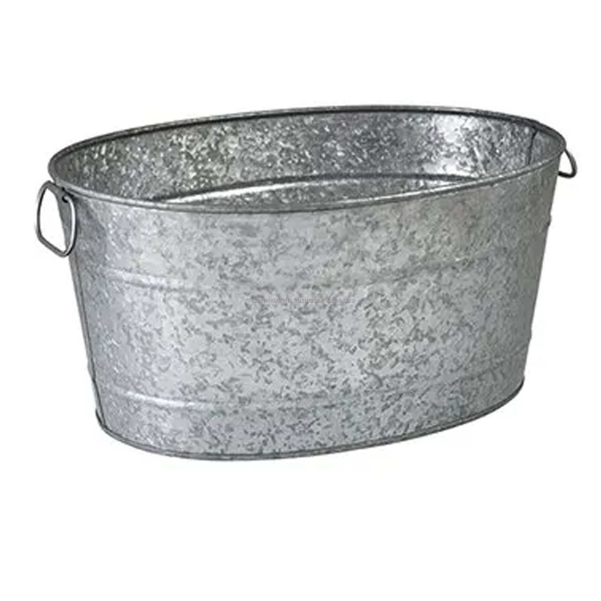 Zinc Planters Set of 2 Galvanized Metal Oval Basin Tubs Rolled Rims Rustic Vintage Wash Basin Style