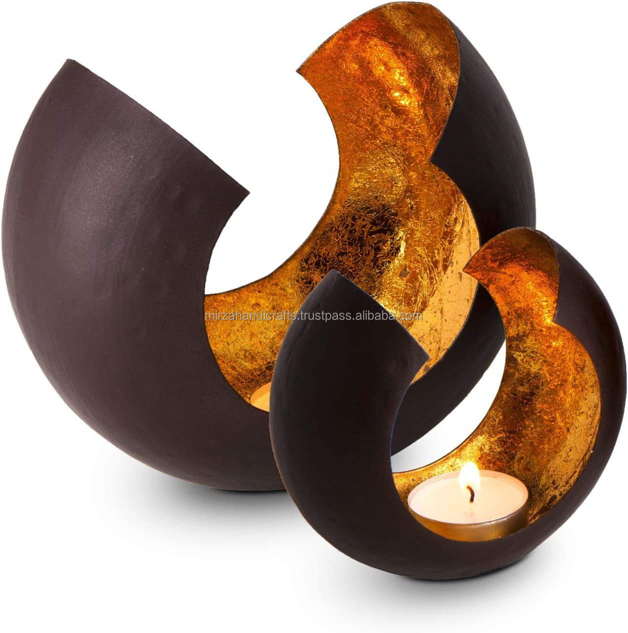 Metal Decorative candle holder black with gold large is a chic black candle holder with gold interior in egg shape