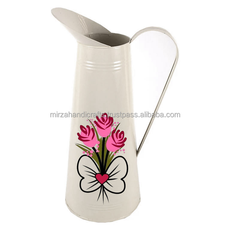 French Enamel Floral Pitcher Garden Office Decor Galvanized Metal Pitcher with handle Decorative Pitcher custom Price