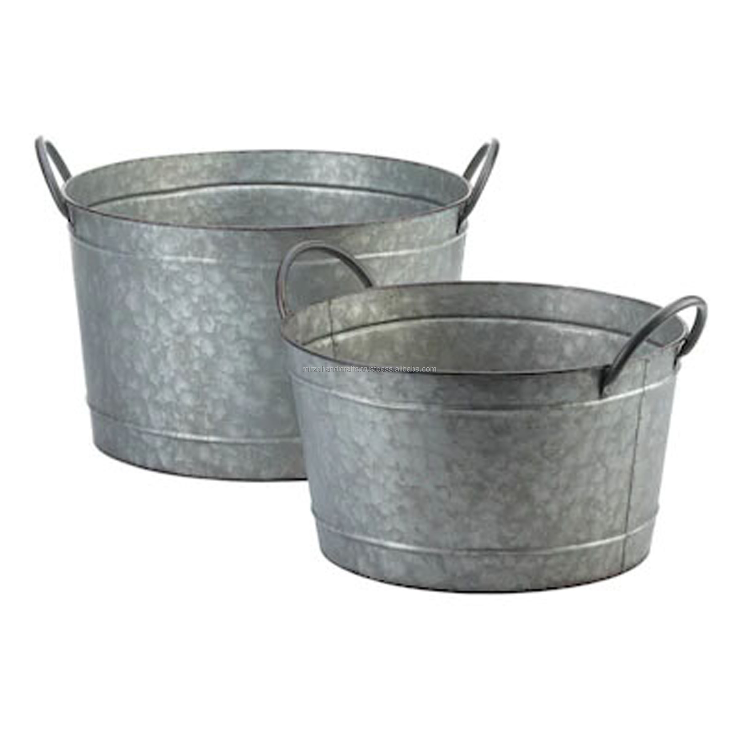 Zinc Planters Set of 2 Galvanized Metal Oval Basin Tubs Rolled Rims Rustic Vintage Wash Basin Style