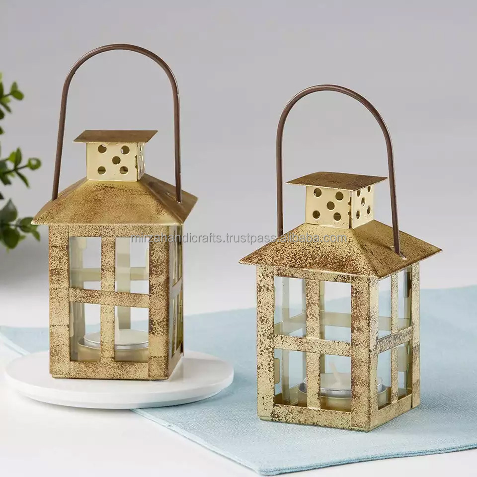 Antique Gold Distressed Small Hanging Lantern Candle Holder For Holiday Decor Portable Candle Holder Lantern