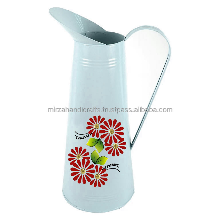 French Enamel Floral Pitcher Garden Office Decor Galvanized Metal Pitcher with handle Decorative Pitcher custom Price