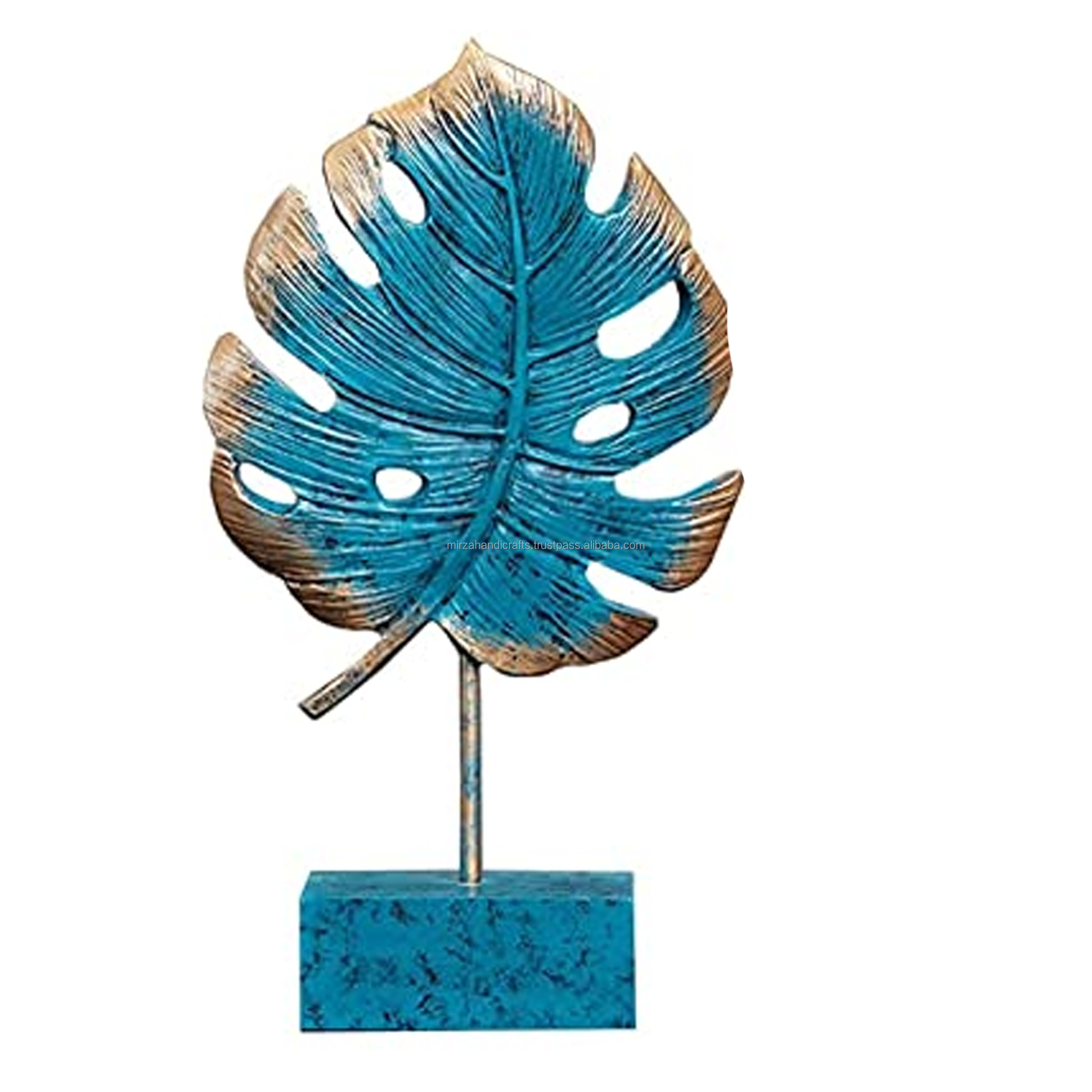 Decorative sky blue Leaf On Wood Stand Decor Set Of 3 Showpiece for Living Room Bedroom and Home Decor Standard