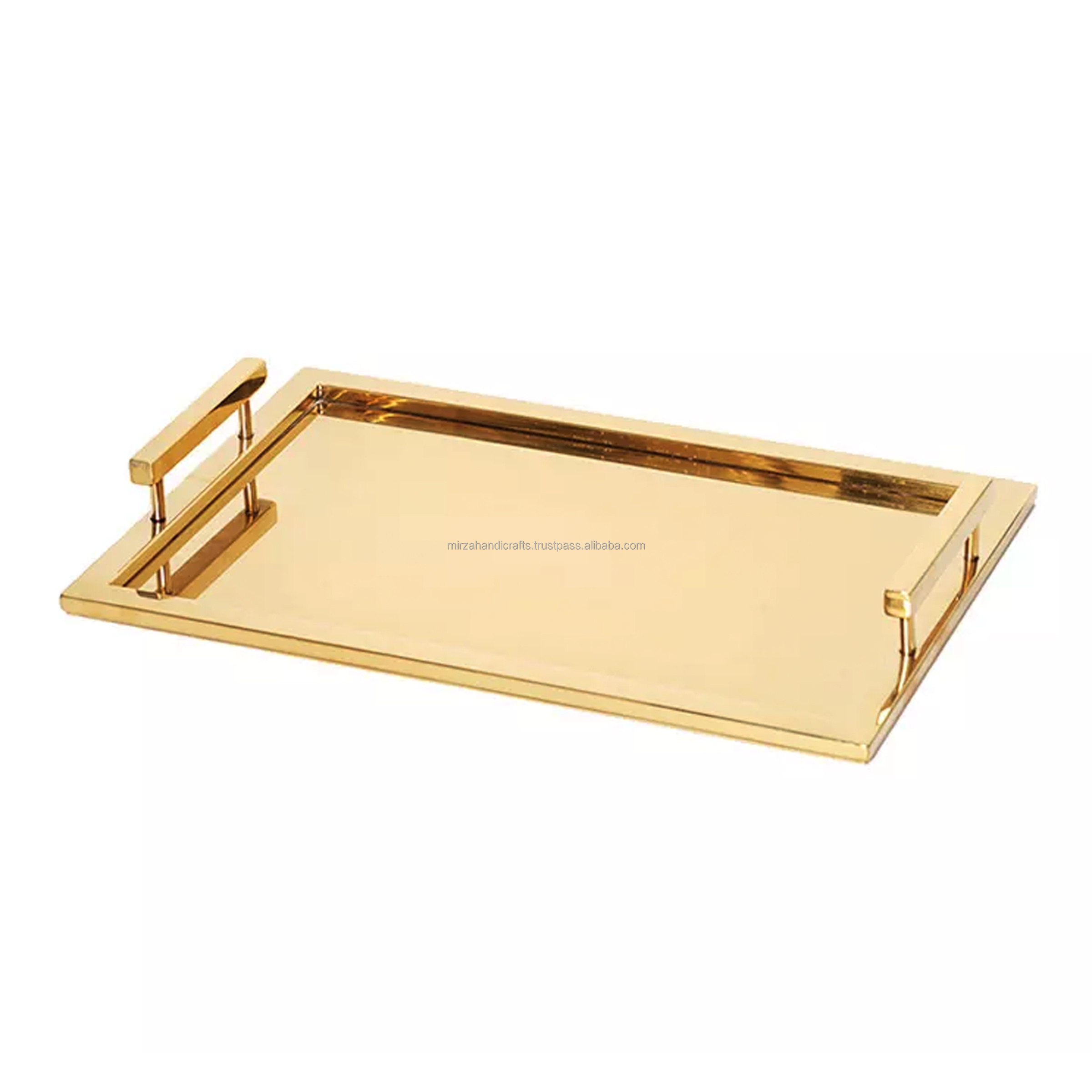 Gold Plated Small Size  Fruit Decorative metal Tray sets European Stainless Steel Arabic Serving Trays with Handles