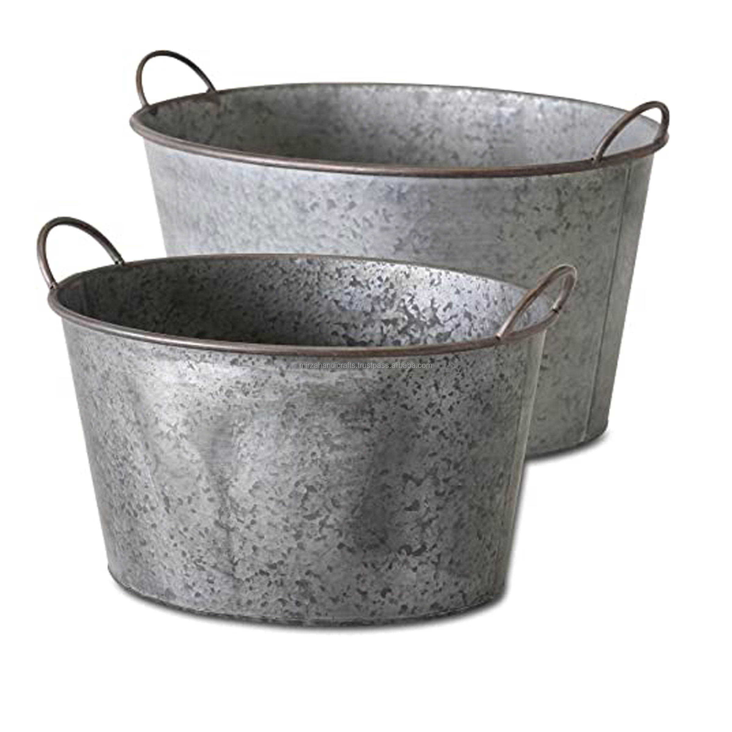 Zinc Planters Set of 2 Galvanized Metal Oval Basin Tubs Rolled Rims Rustic Vintage Wash Basin Style