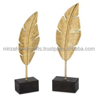 Decorative sky blue Leaf On Wood Stand Decor Set Of 3 Showpiece for Living Room Bedroom and Home Decor Standard