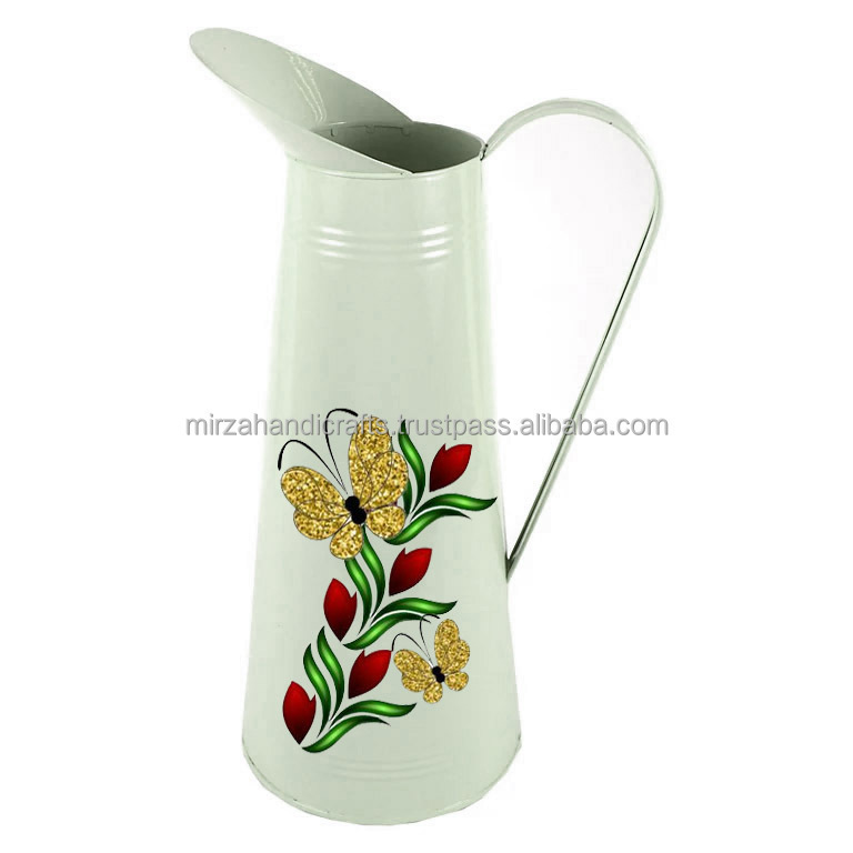 French Enamel Floral Pitcher Garden Office Decor Galvanized Metal Pitcher with handle Decorative Pitcher custom Price