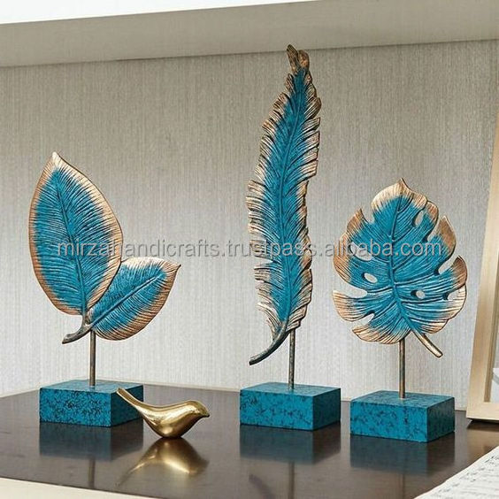 Decorative sky blue Leaf On Wood Stand Decor Set Of 3 Showpiece for Living Room Bedroom and Home Decor Standard