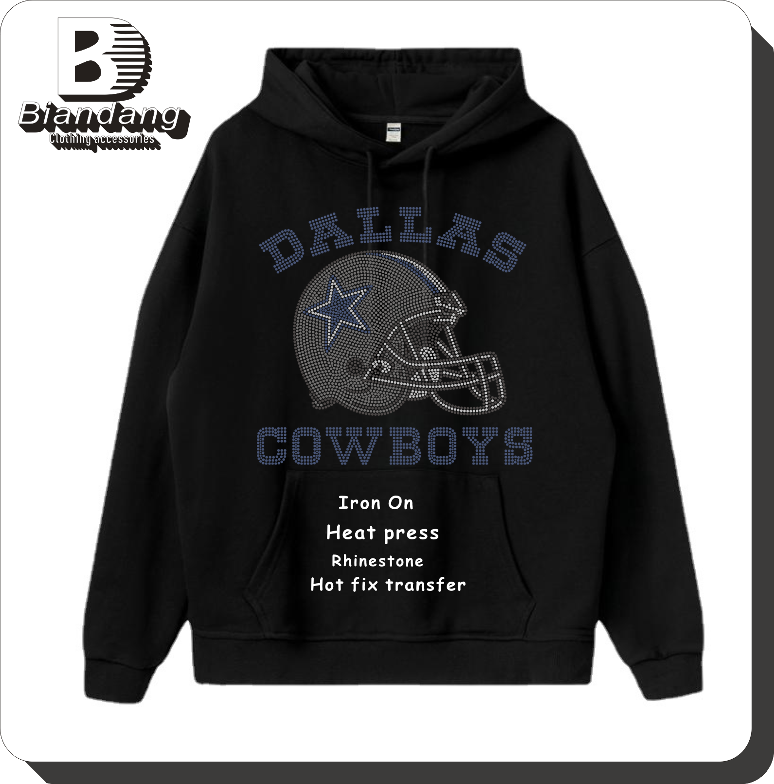 High Quality Dallas Cowboys Helmet Team Logo Rhinestone NFL Indians Football Transfers for Women's Long Hoodies