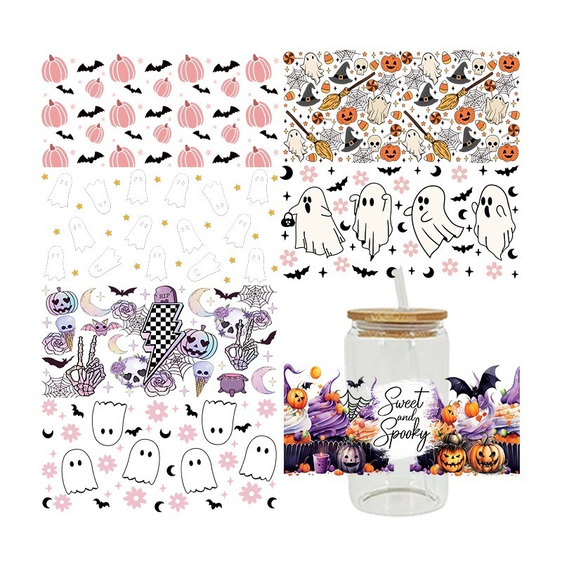 Wholesale Halloween Ghost Design UV DTF Printing Cup Wrap Transfers 16oz Pumpkin Pattern Decorations for Tumbler