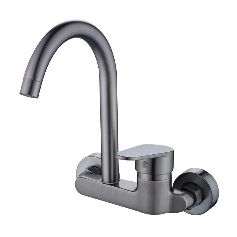 Modern Single-Handle 360 Degree Rotating Brass Faucet Gun Gray Hot Cold Mix Sink Faucet with Single-Hole Wall Mount for Kitchen