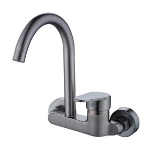 Modern Single-Handle 360 Degree Rotating Brass Faucet Gun Gray Hot Cold Mix Sink Faucet with Single-Hole Wall Mount for Kitchen