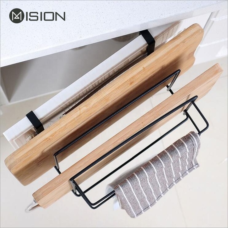 Over the cabinet kitchen chopping board and towel storage wire organizer rack