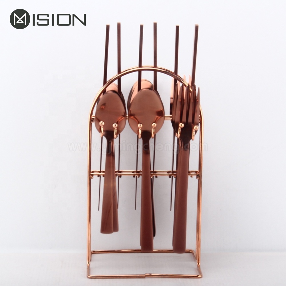 Unique Cutlery Copper Stainless Steel Hanging Flatware Sets With Metal Rack