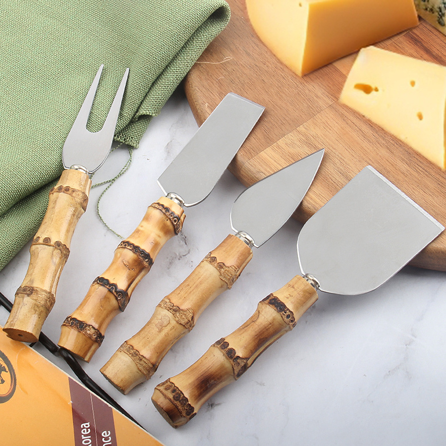 Wholesale Stainless Steel Cheese Cutter Knife set 4 pcs Mini  Cheese Slicer With Bamboo Handle