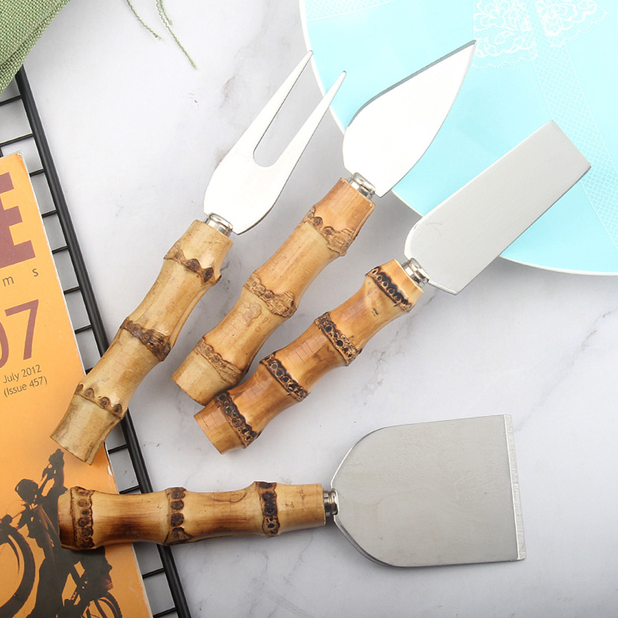 Wholesale Stainless Steel Cheese Cutter Knife set 4 pcs Mini  Cheese Slicer With Bamboo Handle