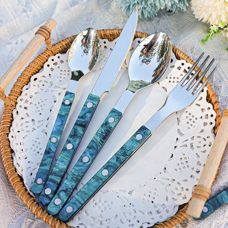 Popular High Quality Polished Flatware Set Colorful Handle Acrylic Stainless Steel Cutlery Utensils for Party