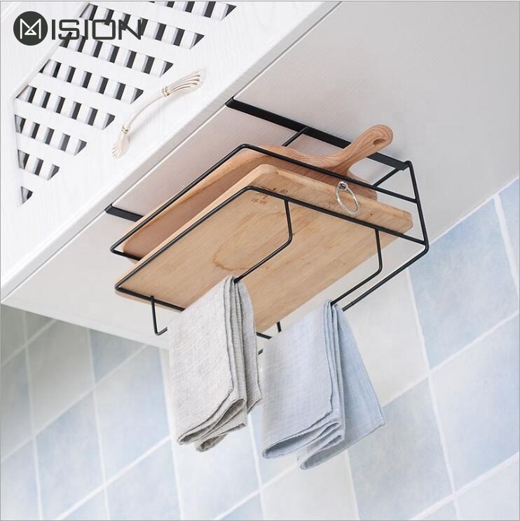 Over the cabinet kitchen chopping board and towel storage wire organizer rack