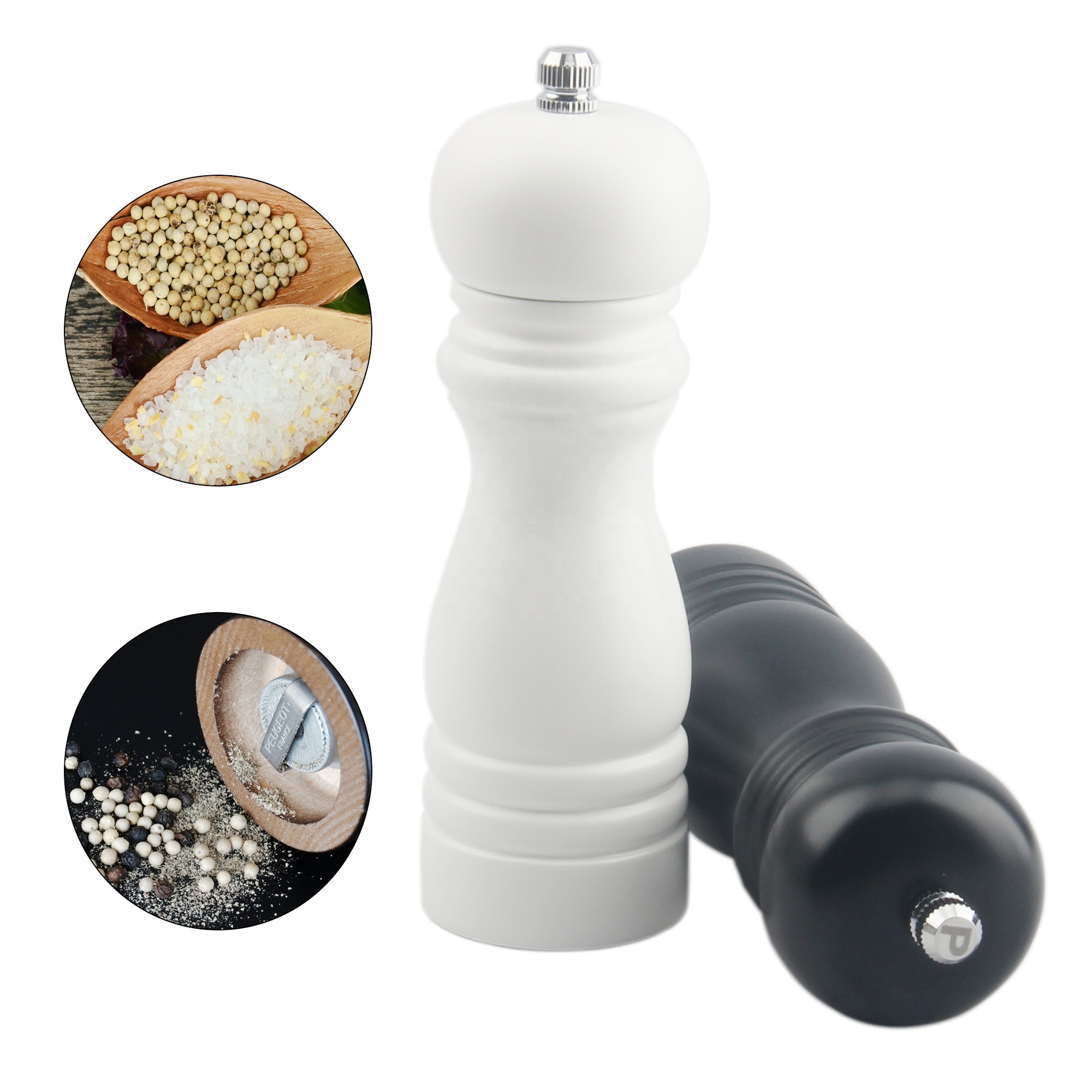 Hot Sale Wooden Manual Pepper Mill,Black And White Lacquer Rubber Wood Salt Grinder Mill Sets