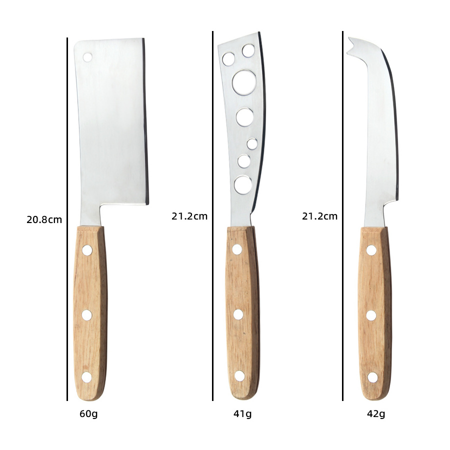 Hot Sale Stainless Steel Cheese Knife Set 3 PCS Kitchen Utensil Cheese Tool with Rubber Wood Handle