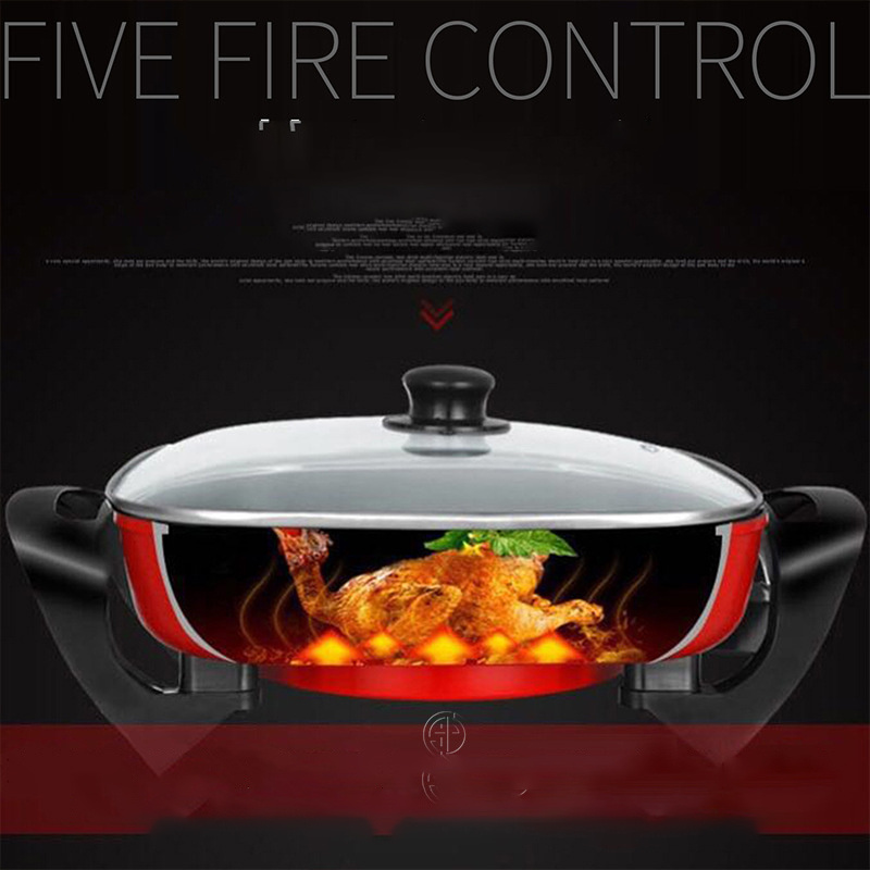 Electric Multi Cooker Spout 1500W Rapid Heat Up Multi Function Electric Fry Pan BBQ Nonstick Skillet Hot Pot with Glass Lid