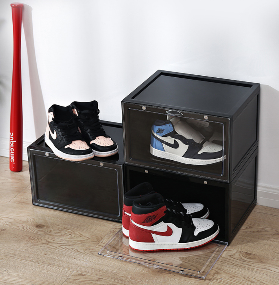 Side Open Door Steady stackable Clear transparent Front magnetic plastic shoe box  Simple Assemble Sneakers Foldable Shoe box