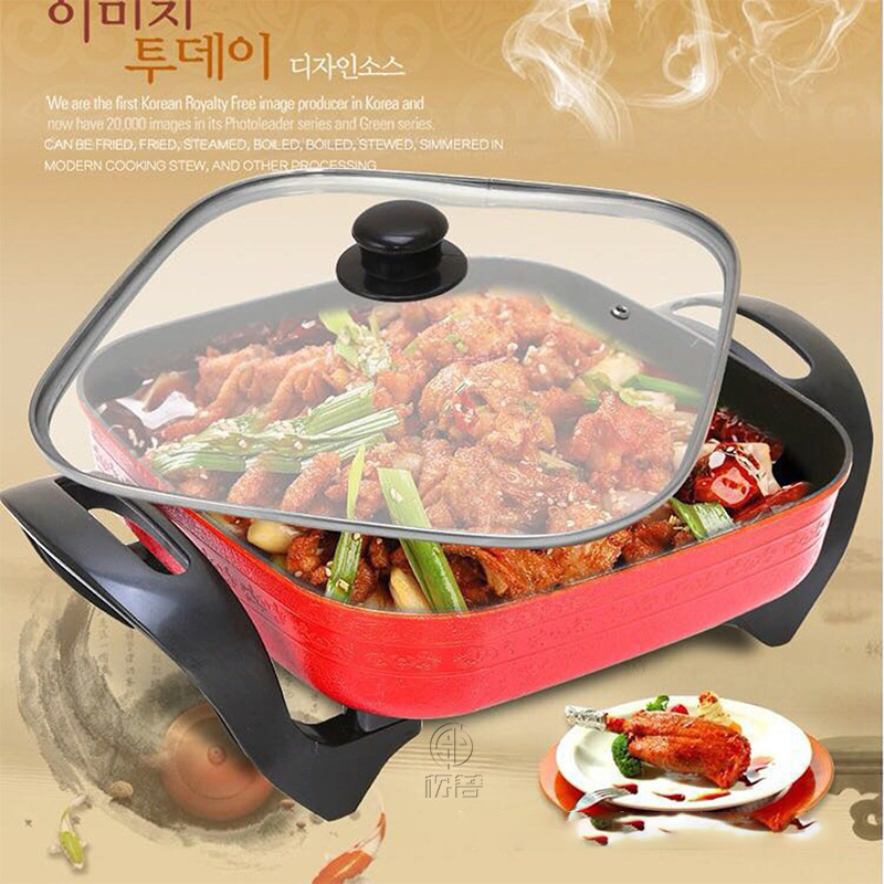 Electric Multi Cooker Spout 1500W Rapid Heat Up Multi Function Electric Fry Pan BBQ Nonstick Skillet Hot Pot with Glass Lid