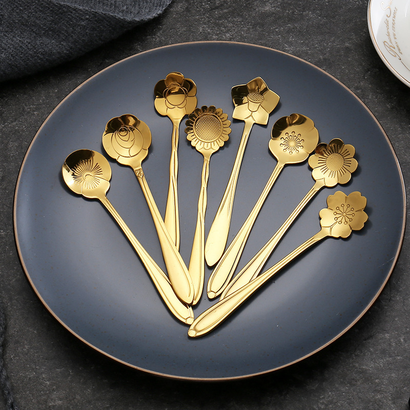 High Quality Stainless Steel Gold Tea Coffee Spoon Vintage Flower Teaspoon Cute Small Dessert Mini Coffee Spoons