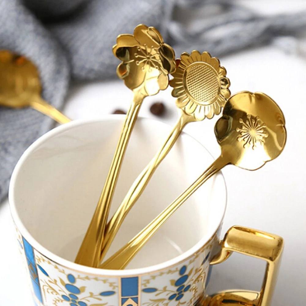 High Quality Stainless Steel Gold Tea Coffee Spoon Vintage Flower Teaspoon Cute Small Dessert Mini Coffee Spoons