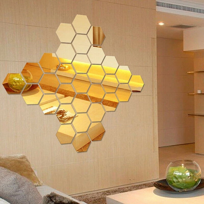 12 PCS Hexagon Mirror Tile Wall Sticker 3D Acrylic Mirror Wall Sticker Decor Stick On Modern Decal for Home Living Room Bedroom