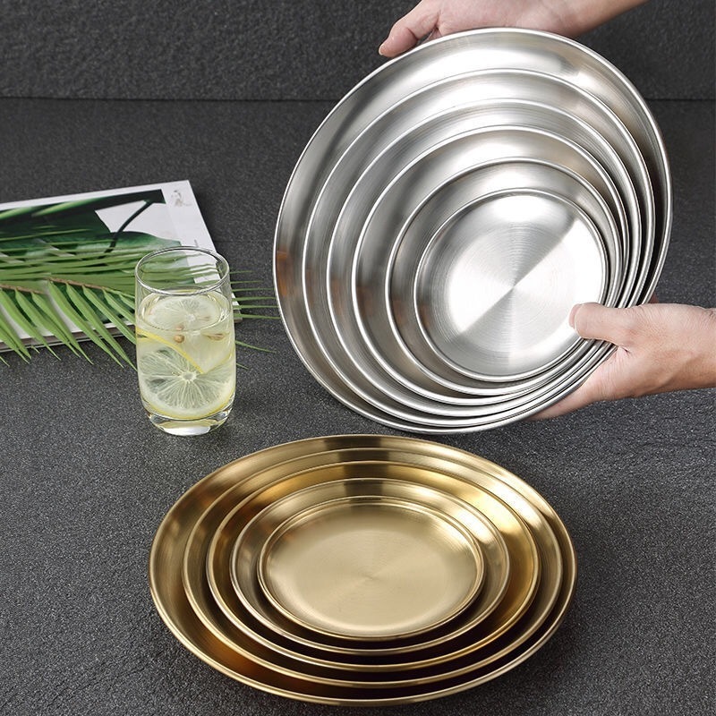 Stainless Steel Dinner Plates Restaurant Gold Serving Tray Round Dessert Cake Snack Dish Silver Storage Plate For Wedding Party