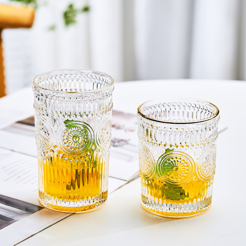 Retro Nordic Sunflower Vintage Glassware Drinking Coffee Wine Clear Mug Wedding Souvenir Whisky Drinking Glass Cup