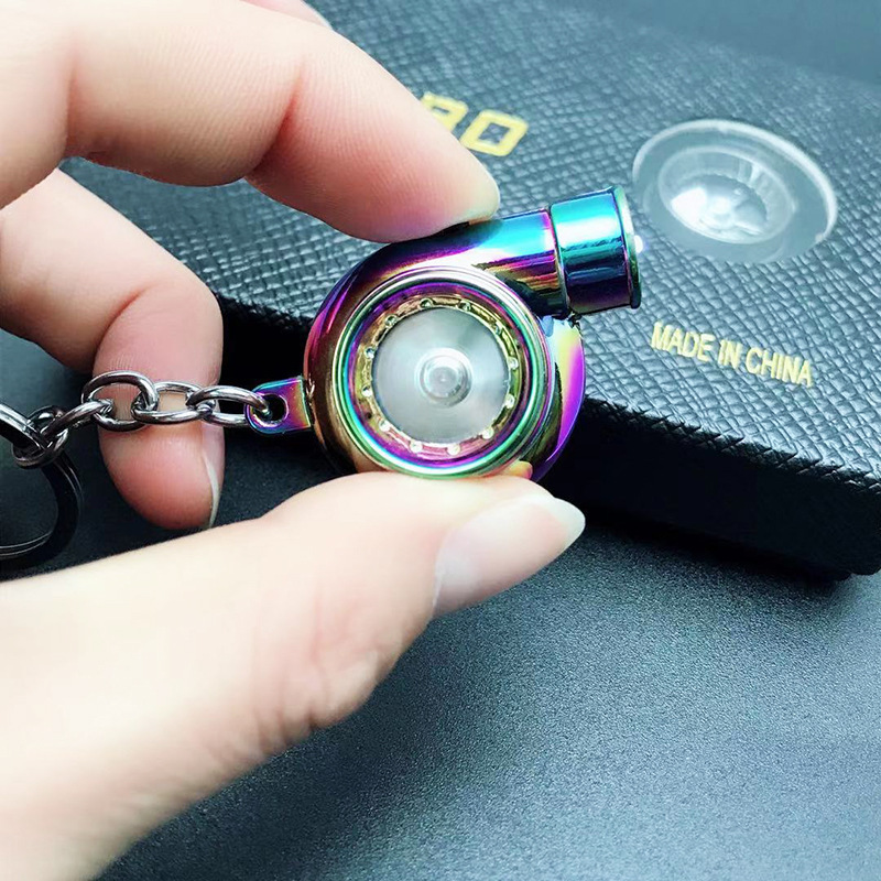 Turbo Keychain with LED Lighting Metal Spinning Turbocharger Automotive Mini Car Part Keychains Key Ring for Gift