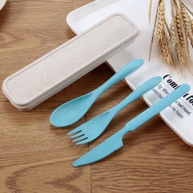 Reusable Biodegradable Wheat Straw Cutlery Set Portable Travel Cutlery Knife Fork Spoon Student Dinnerware Sets Tableware