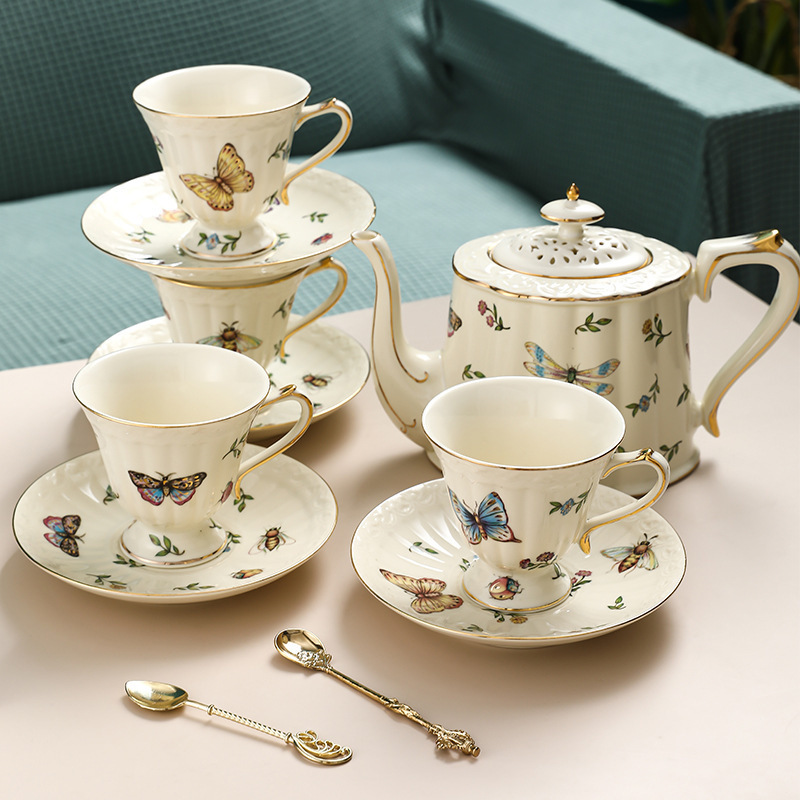 European-style Tea Coffee Cup and Saucer Pot Set Butterfly Dragonfly Set Custom Ceramic TeaPot Coffee Mug Tea Pot Flower