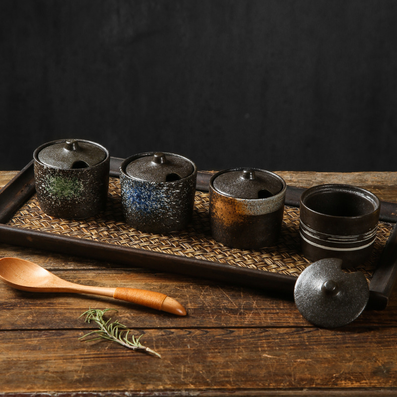 Japanese Style Vintage Stoneware Salt Seasoning Jar Set Wholesale Ceramic Spice Jar honey coffee seasoning box