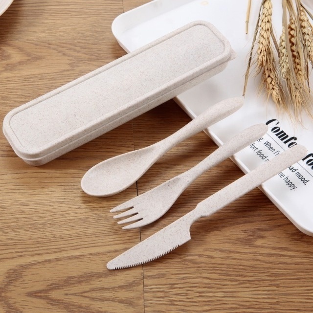 Reusable Biodegradable Wheat Straw Cutlery Set Portable Travel Cutlery Knife Fork Spoon Student Dinnerware Sets Tableware