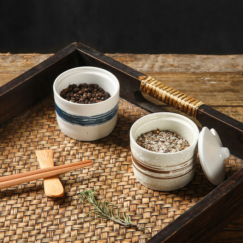 Japanese Style Vintage Stoneware Salt Seasoning Jar Set Wholesale Ceramic Spice Jar honey coffee seasoning box