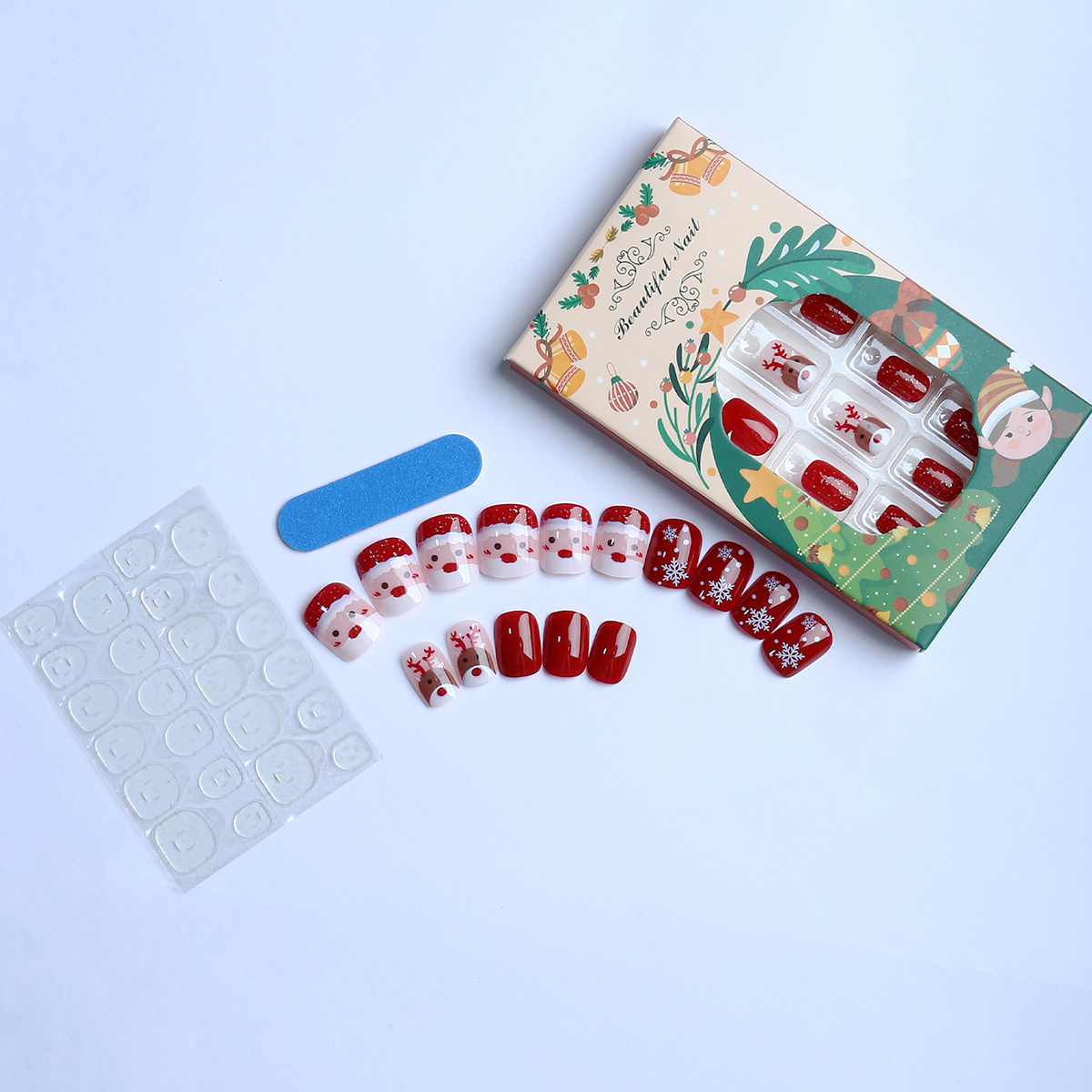 Wholesale  24pcs Glossy Short Square Fake Nails, Christmas Red Glitter Press On Nails With Santa Claus Snowflake