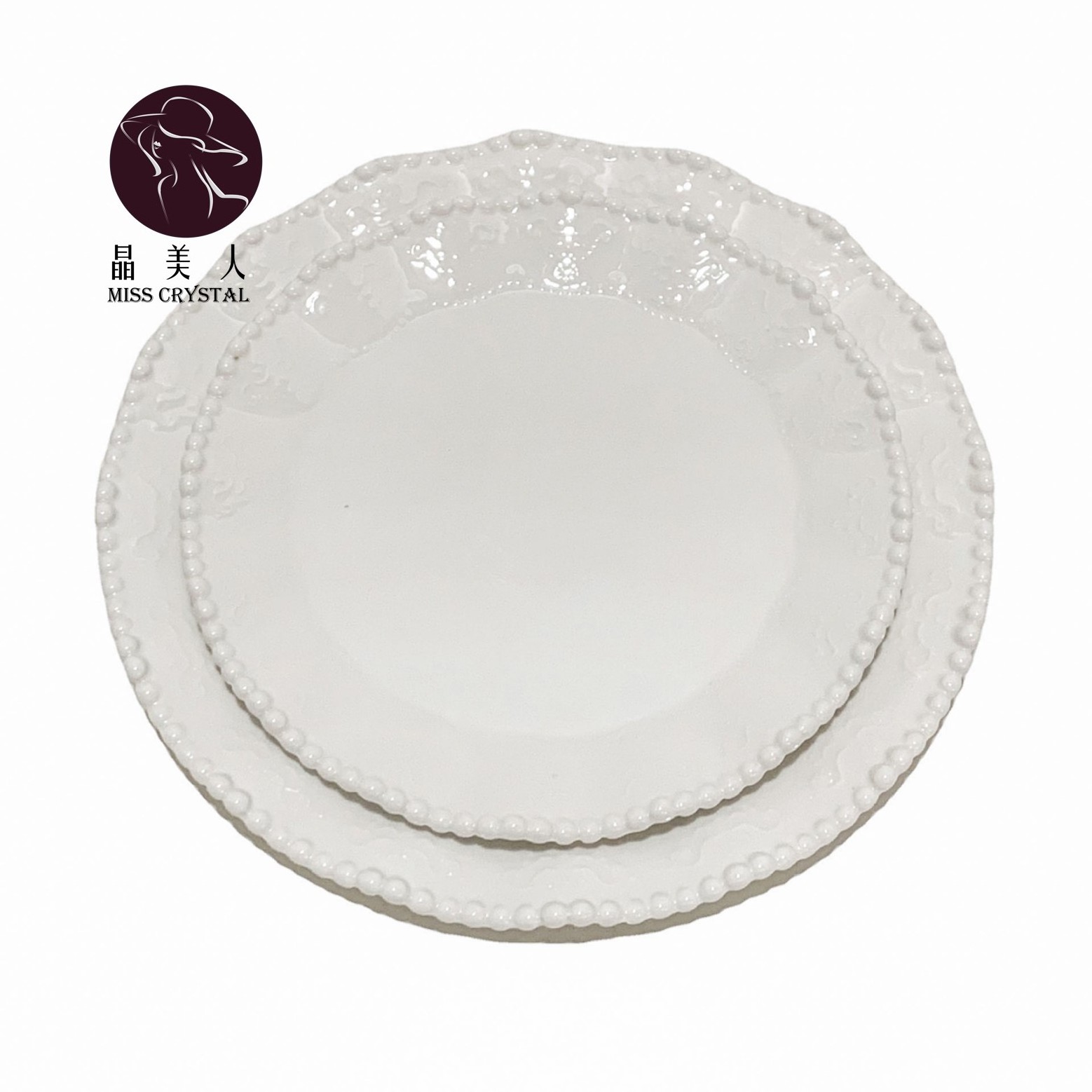 Custom European Porcelain Dinnerware Ceramic Plates and Bowls Set with White Bead Design for Tableware