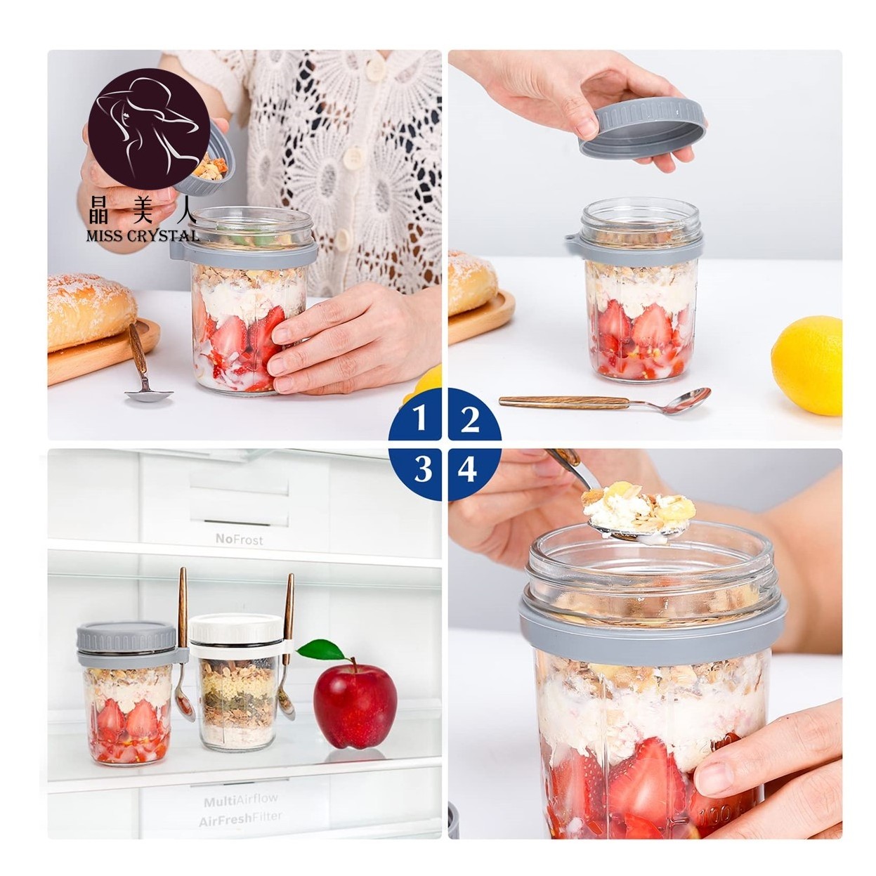 350ml/12Oz Weight Loss Cup Overnight Oats Mason Glass Jars with Lid and Spoon Crunch Cup for Cereal and Milk