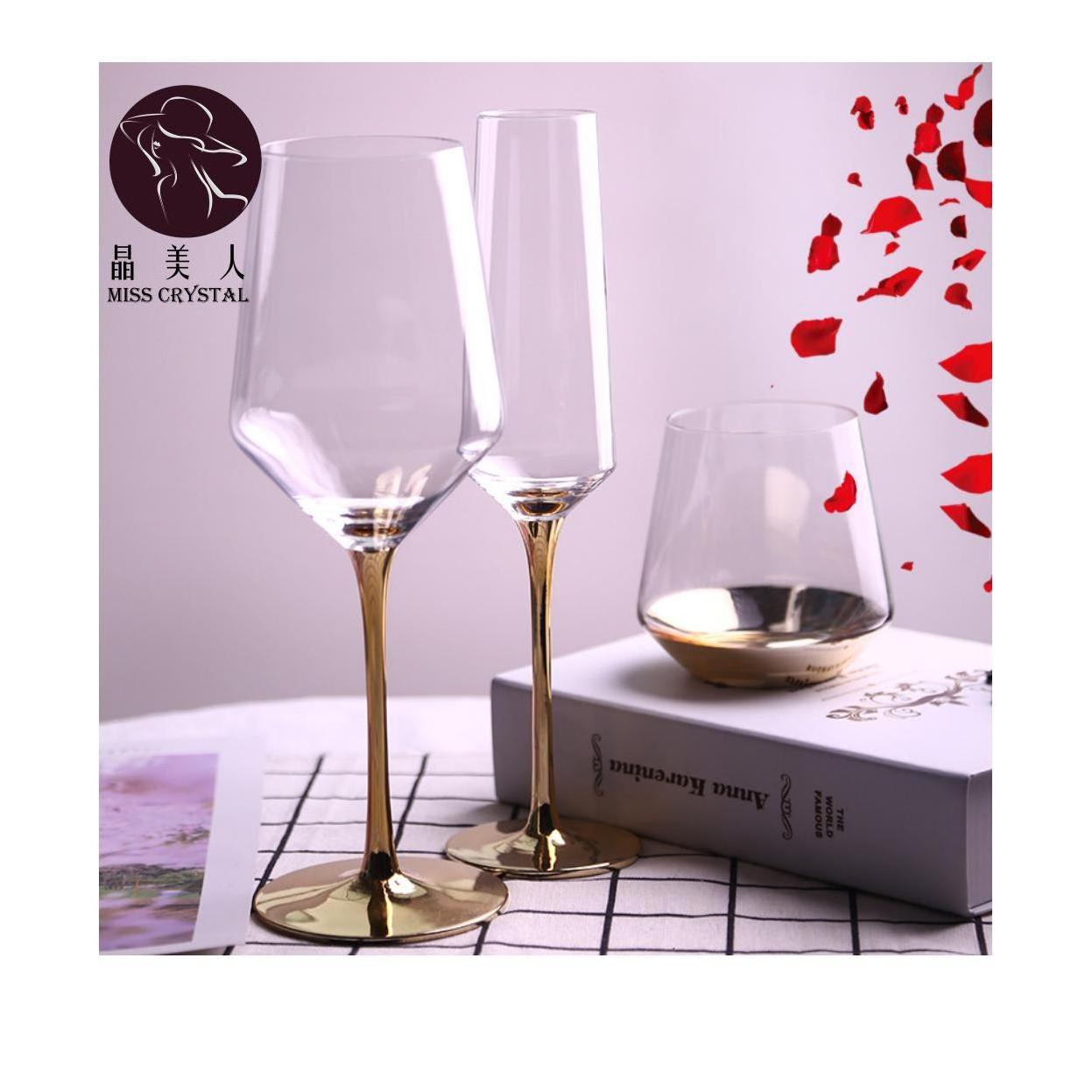 Lead Free Handmade Gold Champagne Flute Gold Stem Wine Glass Electroplated Crystal Goblet