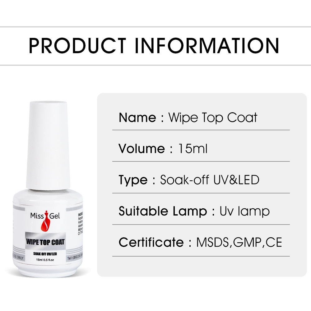 Clear Wipe Topcoat Custom Private Label Rubber Wipe Nail Polish UV Gel Top Coat