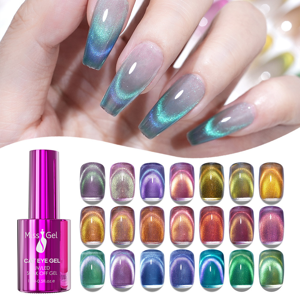 Missgel Custom Wholesale High Quality Cat Eye Nail Polish Gel free sample 15ml Sparkle 9D Double Light Magnetic Cat Eye Gel