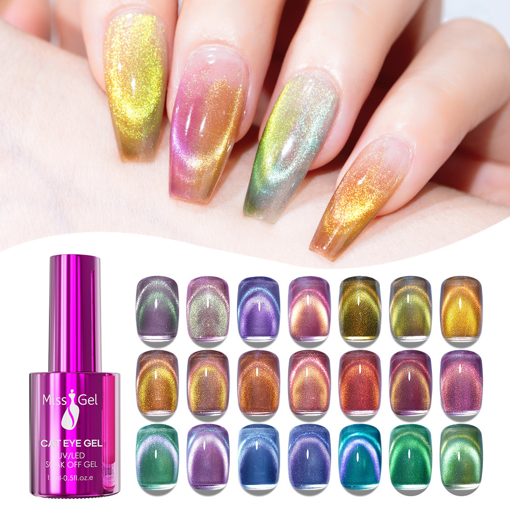 Missgel Custom Wholesale High Quality Cat Eye Nail Polish Gel free sample 15ml Sparkle 9D Double Light Magnetic Cat Eye Gel