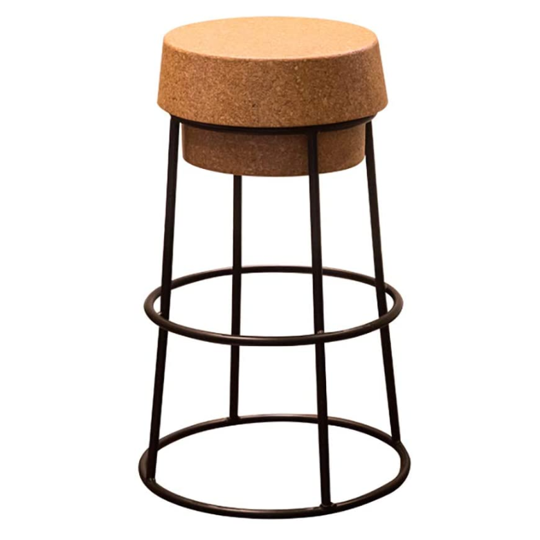 Unique and Traditional Style High Cork Stool Bar Chair with Circle Iron Metal Handmade Retro Modern Natural Legs Black Wood