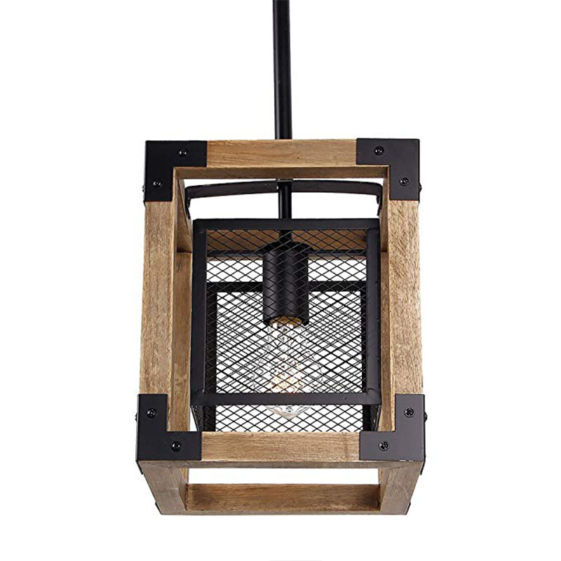 Industrial Retro rustic vintage antique loft iron fixtures hanging metal wooden rectangle chandelier pendant light for kitchen